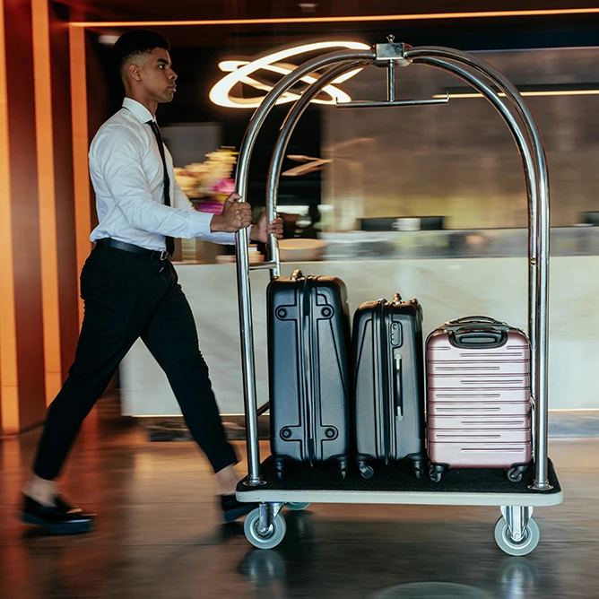 Guest services with a luggage cart at the hotel